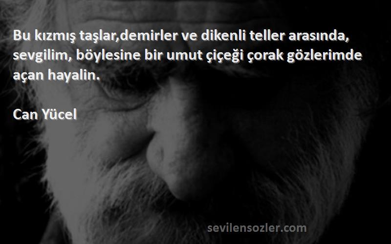 Can Yücel Sözleri 
Bu kızmış taşlar,demirler ve dikenli teller arasında, sevgilim, böylesine bir umut çiçeği çorak gözlerimde açan hayalin.