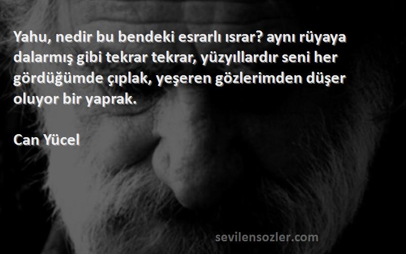 Can Yücel Sözleri 
Yahu, nedir bu bendeki esrarlı ısrar? aynı rüyaya dalarmış gibi tekrar tekrar, yüzyıllardır seni her gördüğümde çıplak, yeşeren gözlerimden düşer oluyor bir yaprak.