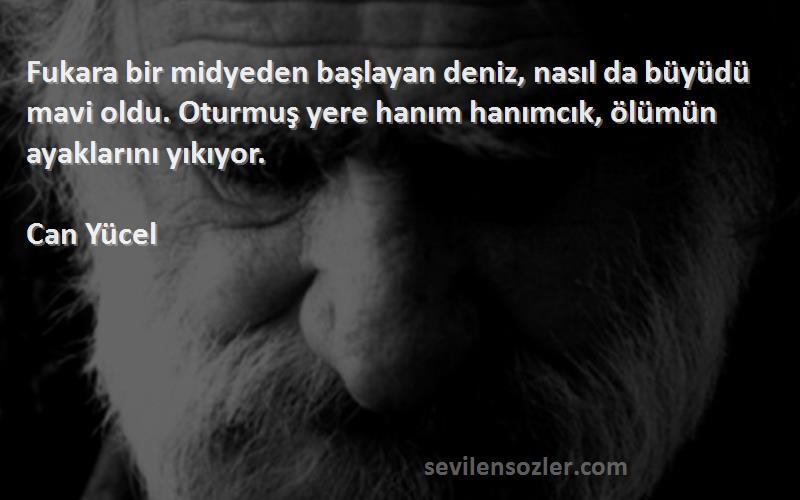 Can Yücel Sözleri 
Fukara bir midyeden başlayan deniz, nasıl da büyüdü mavi oldu. Oturmuş yere hanım hanımcık, ölümün ayaklarını yıkıyor.