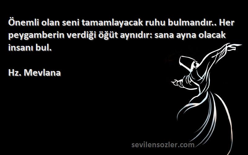 Hz. Mevlana Sözleri 
Önemli olan seni tamamlayacak ruhu bulmandır.. Her peygamberin verdiği öğüt aynıdır: sana ayna olacak insanı bul.