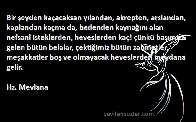 Hz. Mevlana Sözleri 
Bir şeyden kaçacaksan yılandan, akrepten, arslandan, kaplandan kaçma da, bedenden kaynağını alan nefsanî isteklerden, heveslerden kaç! çünkü başımıza gelen bütün belalar, çektiğimiz bütün zahmetler, meşakkatler boş ve olmayacak heveslerden meydana gelir.