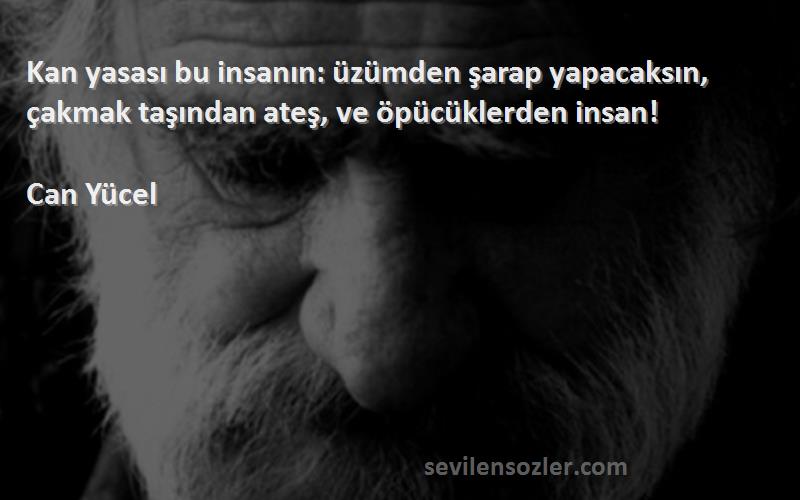 Can Yücel Sözleri 
Kan yasası bu insanın: üzümden şarap yapacaksın, çakmak taşından ateş, ve öpücüklerden insan!