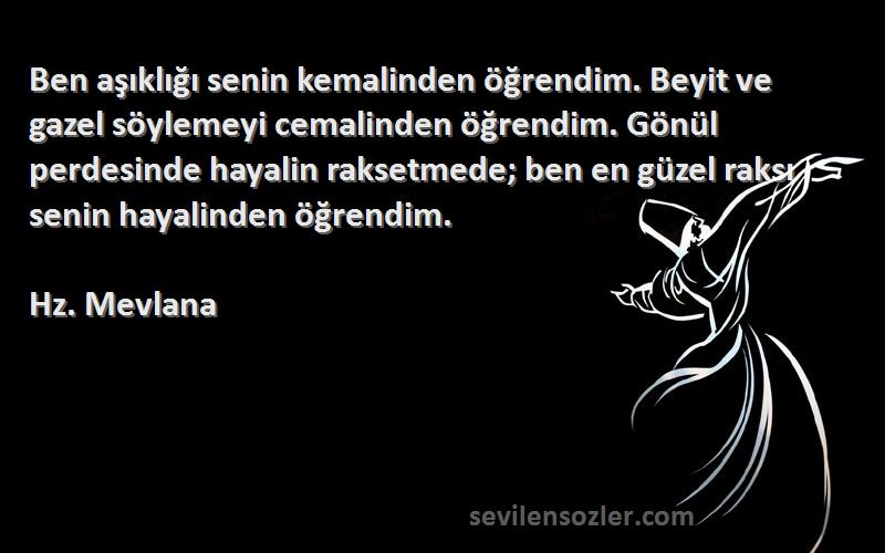 Hz. Mevlana Sözleri 
Ben aşıklığı senin kemalinden öğrendim. Beyit ve gazel söylemeyi cemalinden öğrendim. Gönül perdesinde hayalin raksetmede; ben en güzel raksı senin hayalinden öğrendim.