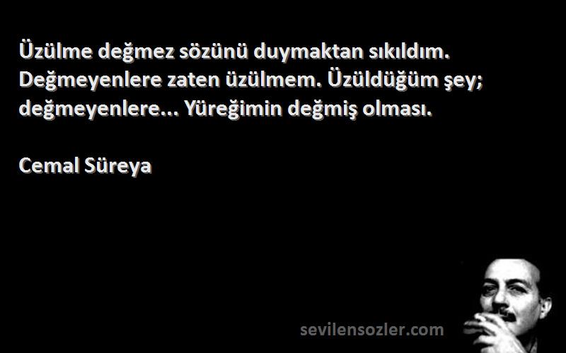 Cemal Süreya Sözleri 
Üzülme değmez sözünü duymaktan sıkıldım. Değmeyenlere zaten üzülmem. Üzüldüğüm şey; değmeyenlere... Yüreğimin değmiş olması.