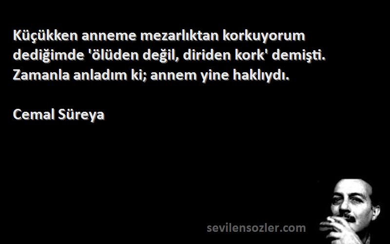 Cemal Süreya Sözleri 
Küçükken anneme mezarlıktan korkuyorum dediğimde 'ölüden değil, diriden kork' demişti. Zamanla anladım ki; annem yine haklıydı.