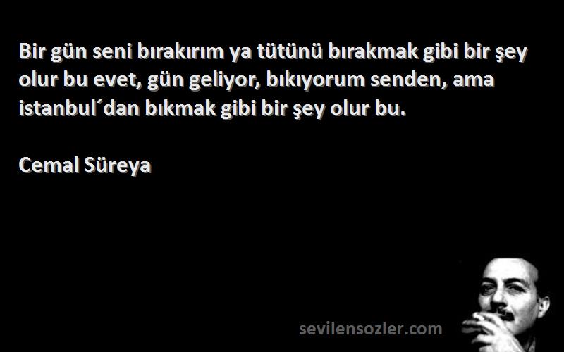 Cemal Süreya Sözleri 
Bir gün seni bırakırım ya tütünü bırakmak gibi bir şey olur bu evet, gün geliyor, bıkıyorum senden, ama istanbul´dan bıkmak gibi bir şey olur bu.