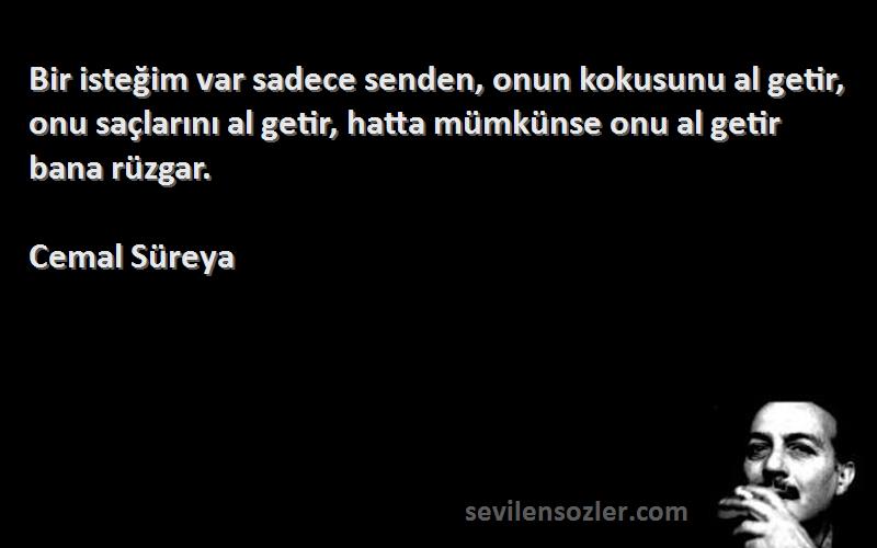 Cemal Süreya Sözleri 
Bir isteğim var sadece senden, onun kokusunu al getir, onu saçlarını al getir, hatta mümkünse onu al getir bana rüzgar.