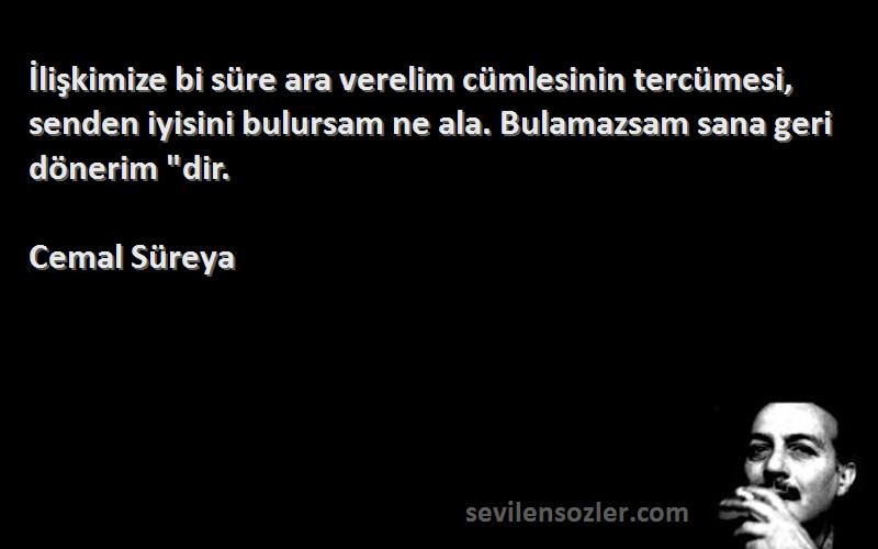 Cemal Süreya Sözleri 
İlişkimize bi süre ara verelim cümlesinin tercümesi, senden iyisini bulursam ne ala. Bulamazsam sana geri dönerim dir.