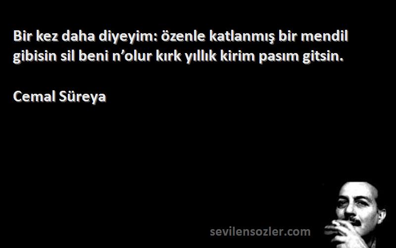 Cemal Süreya Sözleri 
Bir kez daha diyeyim: özenle katlanmış bir mendil gibisin sil beni n’olur kırk yıllık kirim pasım gitsin.