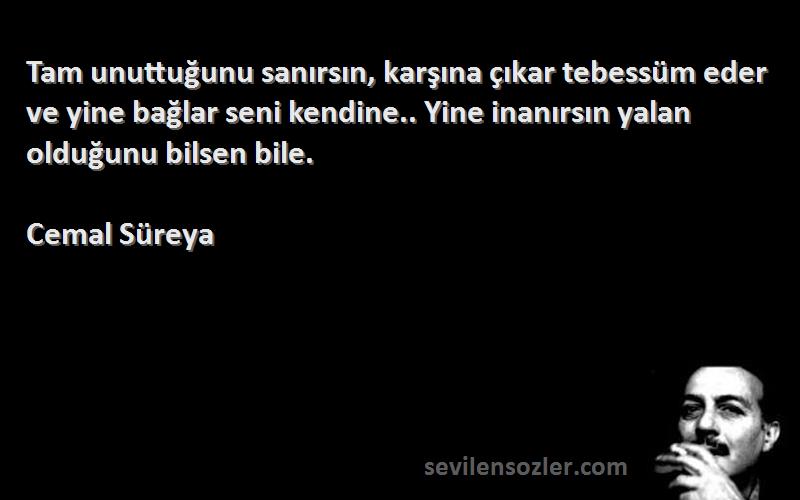 Cemal Süreya Sözleri 
Tam unuttuğunu sanırsın, karşına çıkar tebessüm eder ve yine bağlar seni kendine.. Yine inanırsın yalan olduğunu bilsen bile.