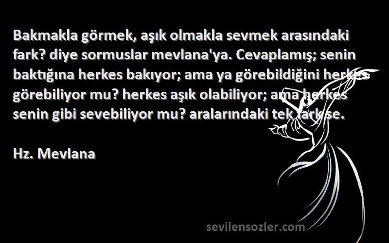 Hz. Mevlana Sözleri 
Bakmakla görmek, aşık olmakla sevmek arasındaki fark? diye sormuslar mevlana'ya. Cevaplamış; senin baktığına herkes bakıyor; ama ya görebildiğini herkes görebiliyor mu? herkes aşık olabiliyor; ama herkes senin gibi sevebiliyor mu? aralarındaki tek fark se.