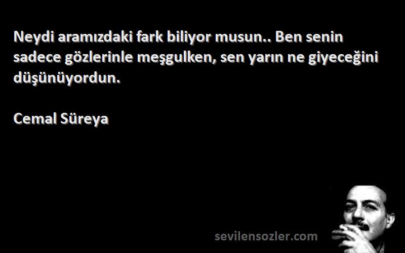 Cemal Süreya Sözleri 
Neydi aramızdaki fark biliyor musun.. Ben senin sadece gözlerinle meşgulken, sen yarın ne giyeceğini düşünüyordun.