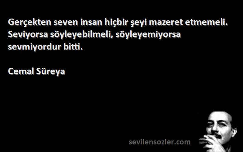 Cemal Süreya Sözleri 
Gerçekten seven insan hiçbir şeyi mazeret etmemeli. Seviyorsa söyleyebilmeli, söyleyemiyorsa sevmiyordur bitti.