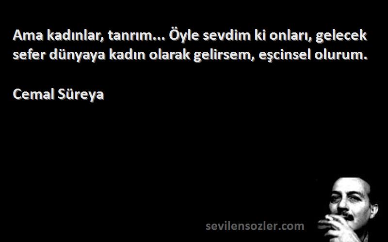 Cemal Süreya Sözleri 
Ama kadınlar, tanrım... Öyle sevdim ki onları, gelecek sefer dünyaya kadın olarak gelirsem, eşcinsel olurum.