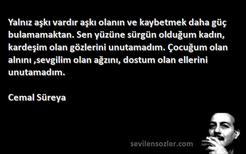 Cemal Süreya Sözleri 
Yalnız aşkı vardır aşkı olanın ve kaybetmek daha güç bulamamaktan. Sen yüzüne sürgün olduğum kadın, kardeşim olan gözlerini unutamadım. Çocuğum olan alnını ,sevgilim olan ağzını, dostum olan ellerini unutamadım.