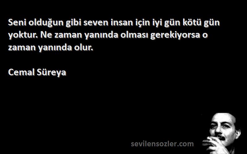 Cemal Süreya Sözleri 
Seni olduğun gibi seven insan için iyi gün kötü gün yoktur. Ne zaman yanında olması gerekiyorsa o zaman yanında olur.