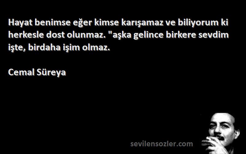 Cemal Süreya Sözleri 
Hayat benimse eğer kimse karışamaz ve biliyorum ki herkesle dost olunmaz. aşka gelince birkere sevdim işte, birdaha işim olmaz.