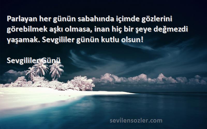 Sevgililer Günü Sözleri 
Parlayan her günün sabahında içimde gözlerini görebilmek aşkı olmasa, inan hiç bir şeye değmezdi yaşamak. Sevgililer günün kutlu olsun!