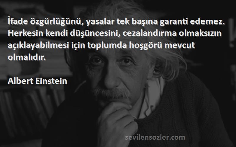 Albert Einstein Sözleri 
İfade özgürlüğünü, yasalar tek başına garanti edemez. Herkesin kendi düşüncesini, cezalandırma olmaksızın açıklayabilmesi için toplumda hoşgörü mevcut olmalıdır.