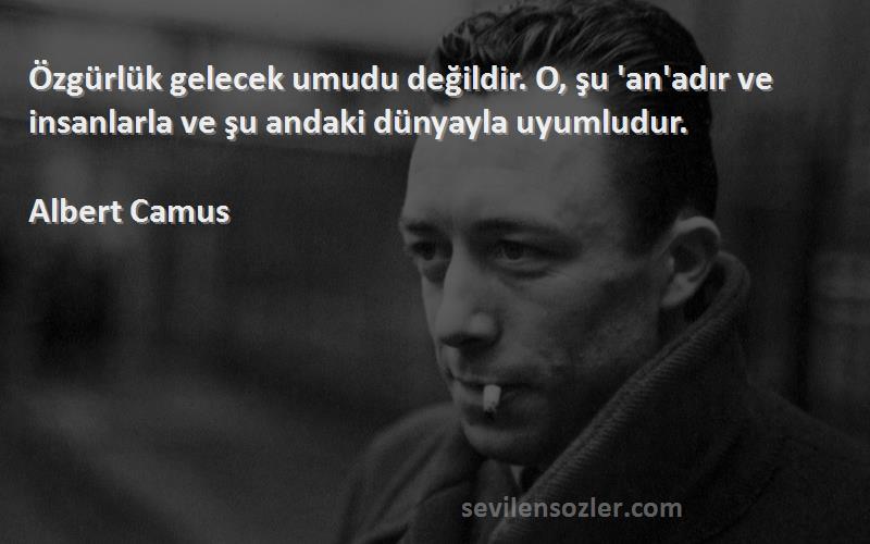 Albert Camus - Özgürlük gelecek umudu değildir. O, şu 'an'adır ve insanlarla ve şu andaki dünyayla uyumludur.