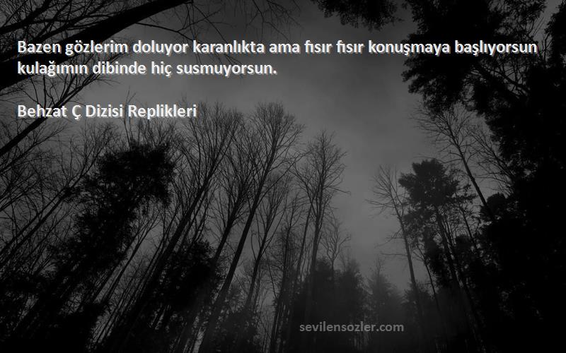 Behzat Ç Dizisi Replikleri Sözleri 
Bazen gözlerim doluyor karanlıkta ama fısır fısır konuşmaya başlıyorsun kulağımın dibinde hiç susmuyorsun.