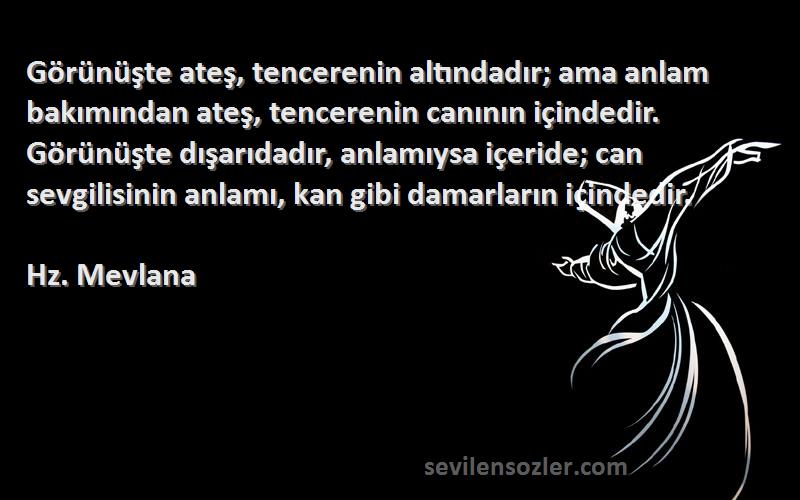 Hz. Mevlana Sözleri 
Görünüşte ateş, tencerenin altındadır; ama anlam bakımından ateş, tencerenin canının içindedir. Görünüşte dışarıdadır, anlamıysa içeride; can sevgilisinin anlamı, kan gibi damarların içindedir.