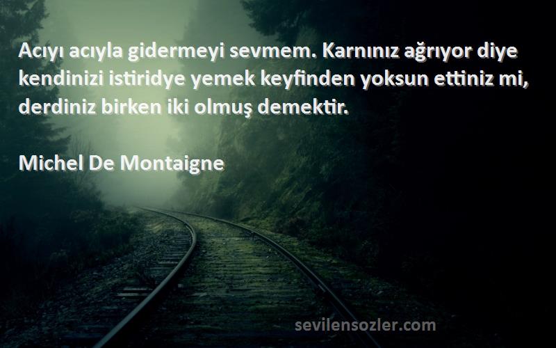 Michel De Montaigne Sözleri 
Acıyı acıyla gidermeyi sevmem. Karnınız ağrıyor diye kendinizi istiridye yemek keyfinden yoksun ettiniz mi, derdiniz birken iki olmuş demektir.