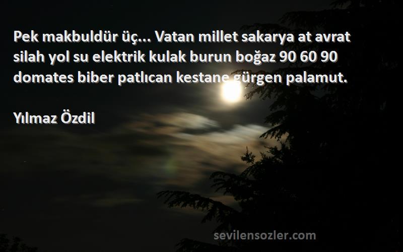 Yılmaz Özdil Sözleri 
Pek makbuldür üç... Vatan millet sakarya at avrat silah yol su elektrik kulak burun boğaz 90 60 90 domates biber patlıcan kestane gürgen palamut.