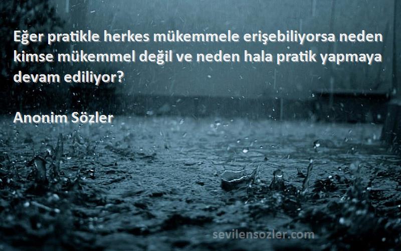 Anonim Sözler Sözleri 
Eğer pratikle herkes mükemmele erişebiliyorsa neden kimse mükemmel değil ve neden hala pratik yapmaya devam ediliyor?