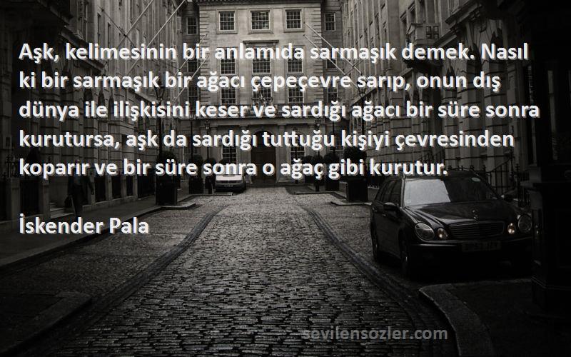 İskender Pala Sözleri 
Aşk, kelimesinin bir anlamıda sarmaşık demek. Nasıl ki bir sarmaşık bir ağacı çepeçevre sarıp, onun dış dünya ile ilişkisini keser ve sardığı ağacı bir süre sonra kurutursa, aşk da sardığı tuttuğu kişiyi çevresinden koparır ve bir süre sonra o ağaç gibi kurutur.