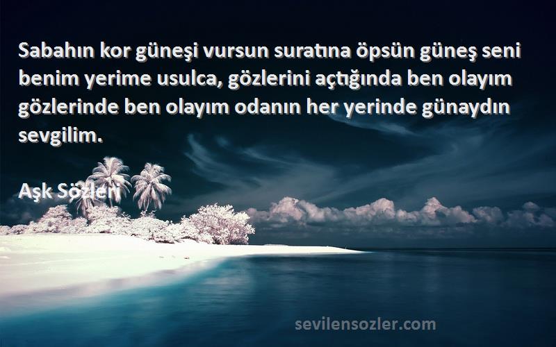 Aşk  Sözleri 
Sabahın kor güneşi vursun suratına öpsün güneş seni benim yerime usulca, gözlerini açtığında ben olayım gözlerinde ben olayım odanın her yerinde günaydın sevgilim.