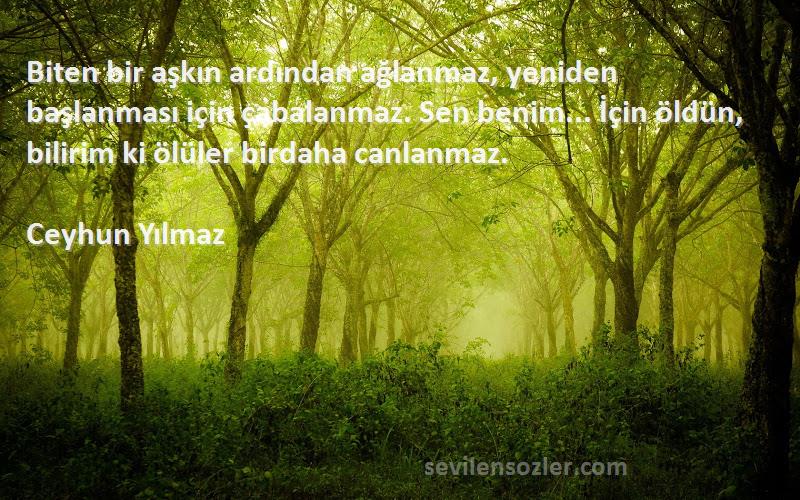 Ceyhun Yılmaz Sözleri 
Biten bir aşkın ardından ağlanmaz, yeniden başlanması için çabalanmaz. Sen benim... İçin öldün, bilirim ki ölüler birdaha canlanmaz.