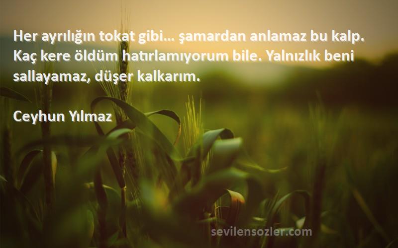 Ceyhun Yılmaz Sözleri 
Her ayrılığın tokat gibi… şamardan anlamaz bu kalp. Kaç kere öldüm hatırlamıyorum bile. Yalnızlık beni sallayamaz, düşer kalkarım.