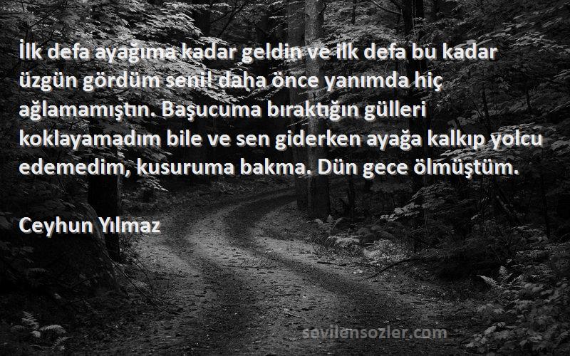 Ceyhun Yılmaz Sözleri 
İlk defa ayağıma kadar geldin ve ilk defa bu kadar üzgün gördüm seni! daha önce yanımda hiç ağlamamıştın. Başucuma bıraktığın gülleri koklayamadım bile ve sen giderken ayağa kalkıp yolcu edemedim, kusuruma bakma. Dün gece ölmüştüm.