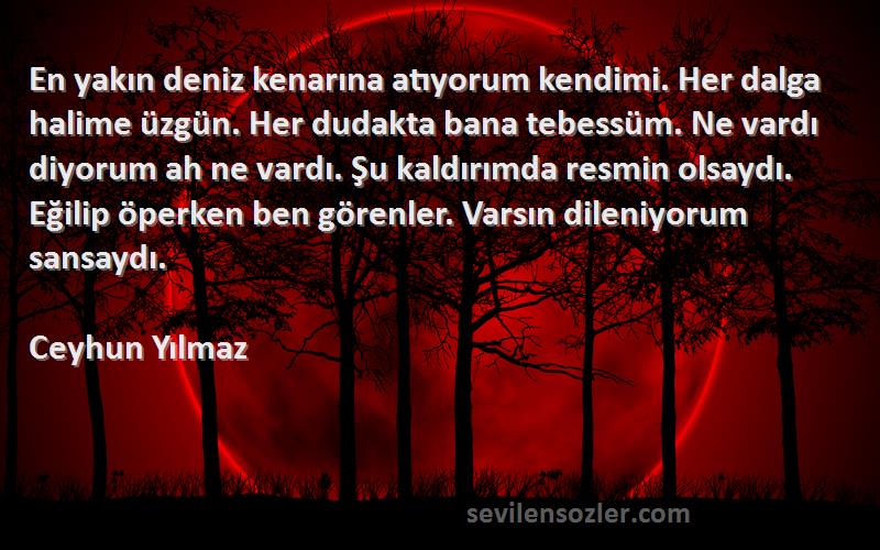 Ceyhun Yılmaz Sözleri 
En yakın deniz kenarına atıyorum kendimi. Her dalga halime üzgün. Her dudakta bana tebessüm. Ne vardı diyorum ah ne vardı. Şu kaldırımda resmin olsaydı. Eğilip öperken ben görenler. Varsın dileniyorum sansaydı.