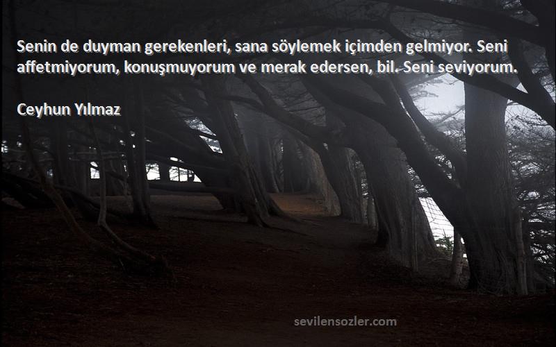 Ceyhun Yılmaz Sözleri 
Senin de duyman gerekenleri, sana söylemek içimden gelmiyor. Seni affetmiyorum, konuşmuyorum ve merak edersen, bil. Seni seviyorum.