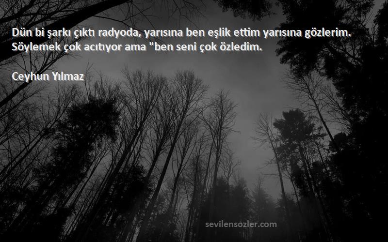 Ceyhun Yılmaz Sözleri 
Dün bi şarkı çıktı radyoda, yarısına ben eşlik ettim yarısına gözlerim. Söylemek çok acıtıyor ama ben seni çok özledim.