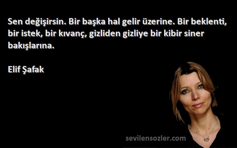 Elif Şafak Sözleri 
Sen değişirsin. Bir başka hal gelir üzerine. Bir beklenti, bir istek, bir kıvanç, gizliden gizliye bir kibir siner bakışlarına.