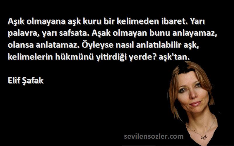 Elif Şafak Sözleri 
Aşık olmayana aşk kuru bir kelimeden ibaret. Yarı palavra, yarı safsata. Aşak olmayan bunu anlayamaz, olansa anlatamaz. Öyleyse nasıl anlatılabilir aşk, kelimelerin hükmünü yitirdiği yerde? aşk'tan.