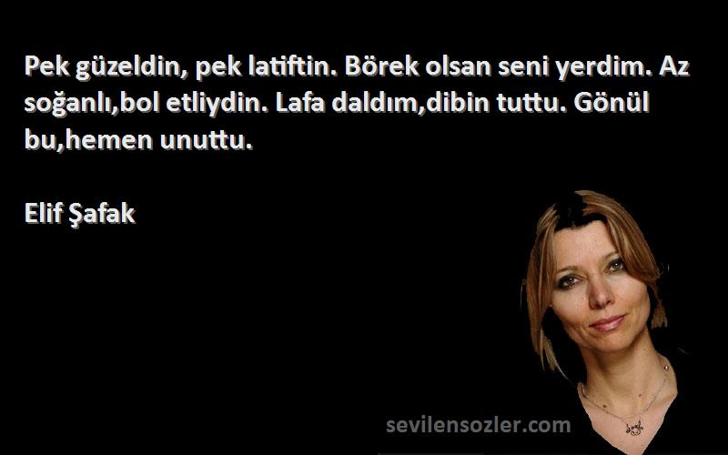 Elif Şafak Sözleri 
Pek güzeldin, pek latiftin. Börek olsan seni yerdim. Az soğanlı,bol etliydin. Lafa daldım,dibin tuttu. Gönül bu,hemen unuttu.