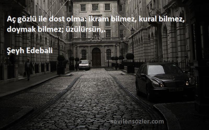 Şeyh Edebali Sözleri 
Aç gözlü ile dost olma: ikram bilmez, kural bilmez, doymak bilmez; üzülürsün,.