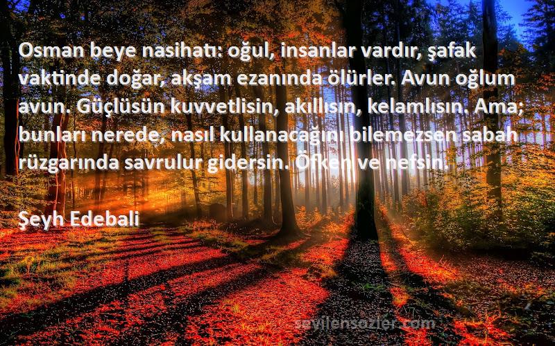 Şeyh Edebali Sözleri 
Osman beye nasihatı: oğul, insanlar vardır, şafak vaktinde doğar, akşam ezanında ölürler. Avun oğlum avun. Güçlüsün kuvvetlisin, akıllısın, kelamlısın. Ama; bunları nerede, nasıl kullanacağını bilemezsen sabah rüzgarında savrulur gidersin. Öfken ve nefsin.