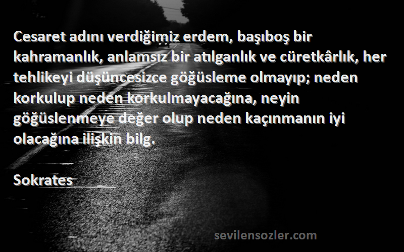 Sokrates Sözleri 
Cesaret adını verdiğimiz erdem, başıboş bir kahramanlık, anlamsız bir atılganlık ve cüretkârlık, her tehlikeyi düşüncesizce göğüsleme olmayıp; neden korkulup neden korkulmayacağına, neyin göğüslenmeye değer olup neden kaçınmanın iyi olacağına ilişkin bilg.