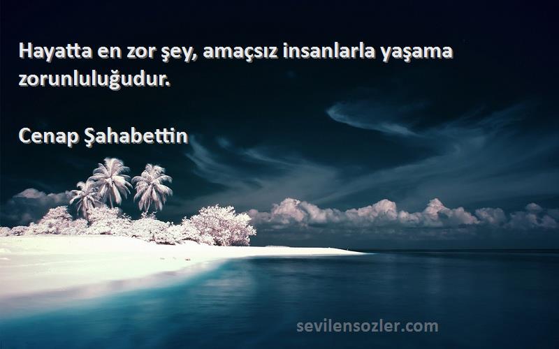 Cenap Şahabettin - Hayatta en zor şey, amaçsız insanlarla yaşama zorunluluğudur.