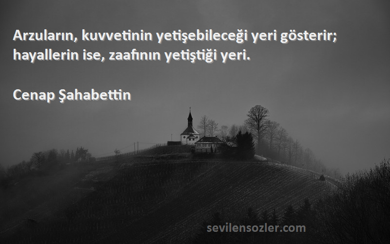 Cenap Şahabettin Sözleri 
Arzuların, kuvvetinin yetişebileceği yeri gösterir; hayallerin ise, zaafının yetiştiği yeri.