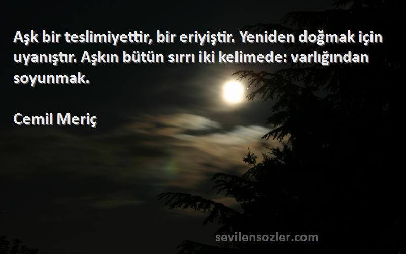 Cemil Meriç Sözleri 
Aşk bir teslimiyettir, bir eriyiştir. Yeniden doğmak için uyanıştır. Aşkın bütün sırrı iki kelimede: varlığından soyunmak.