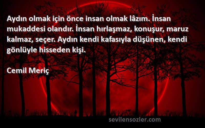 Cemil Meriç Sözleri 
Aydın olmak için önce insan olmak lâzım. İnsan mukaddesi olandır. İnsan hırlaşmaz, konuşur, maruz kalmaz, seçer. Aydın kendi kafasıyla düşünen, kendi gönlüyle hisseden kişi.