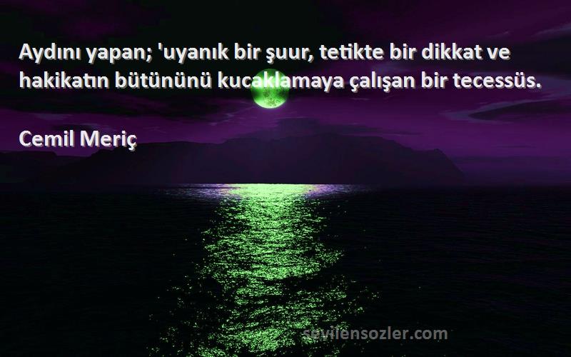 Cemil Meriç Sözleri 
Aydını yapan; 'uyanık bir şuur, tetikte bir dikkat ve hakikatın bütününü kucaklamaya çalışan bir tecessüs.