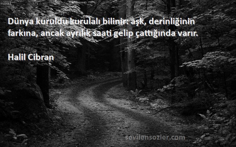 Halil Cibran Sözleri 
Dünya kuruldu kurulalı bilinir: aşk, derinliğinin farkına, ancak ayrılık saati gelip çattığında varır.