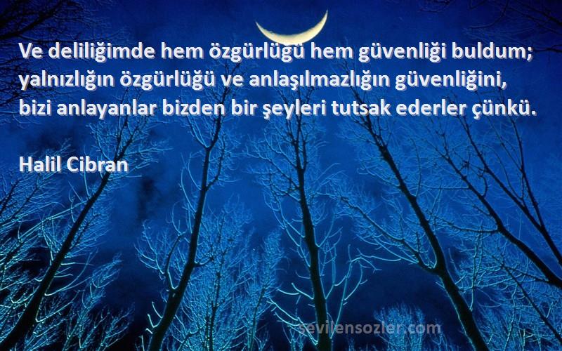 Halil Cibran Sözleri 
Ve deliliğimde hem özgürlüğü hem güvenliği buldum; yalnızlığın özgürlüğü ve anlaşılmazlığın güvenliğini, bizi anlayanlar bizden bir şeyleri tutsak ederler çünkü.